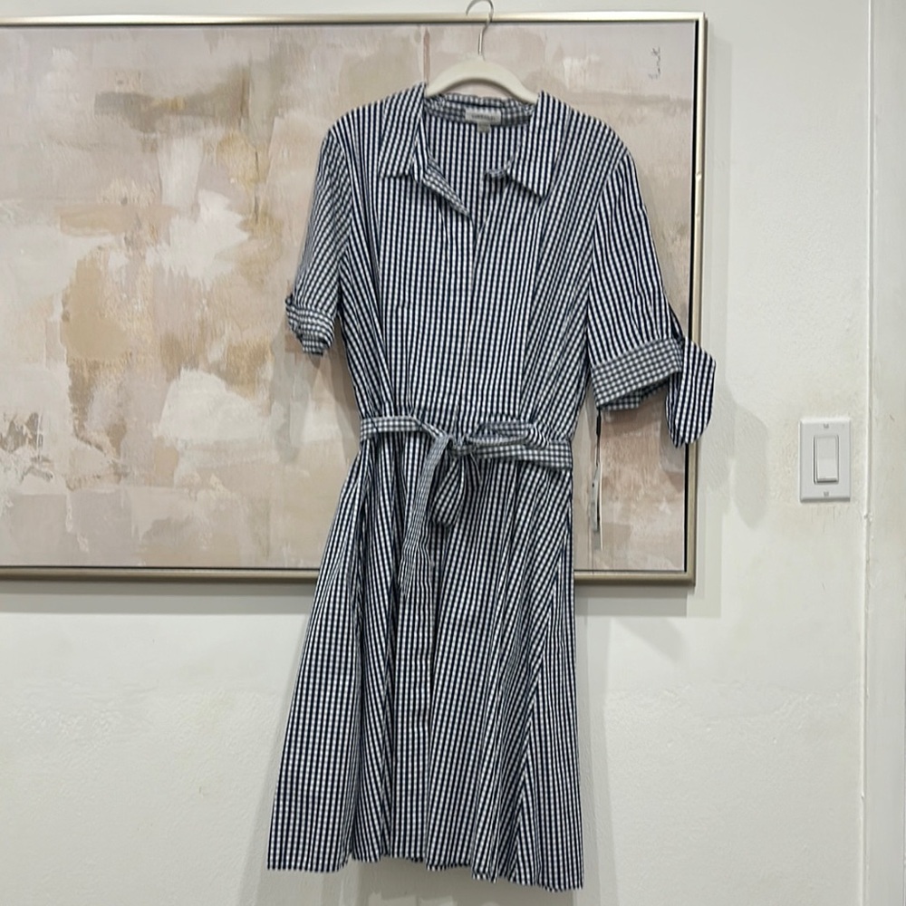 Calvin Klein Navy and White Checkered Shirt Dress
